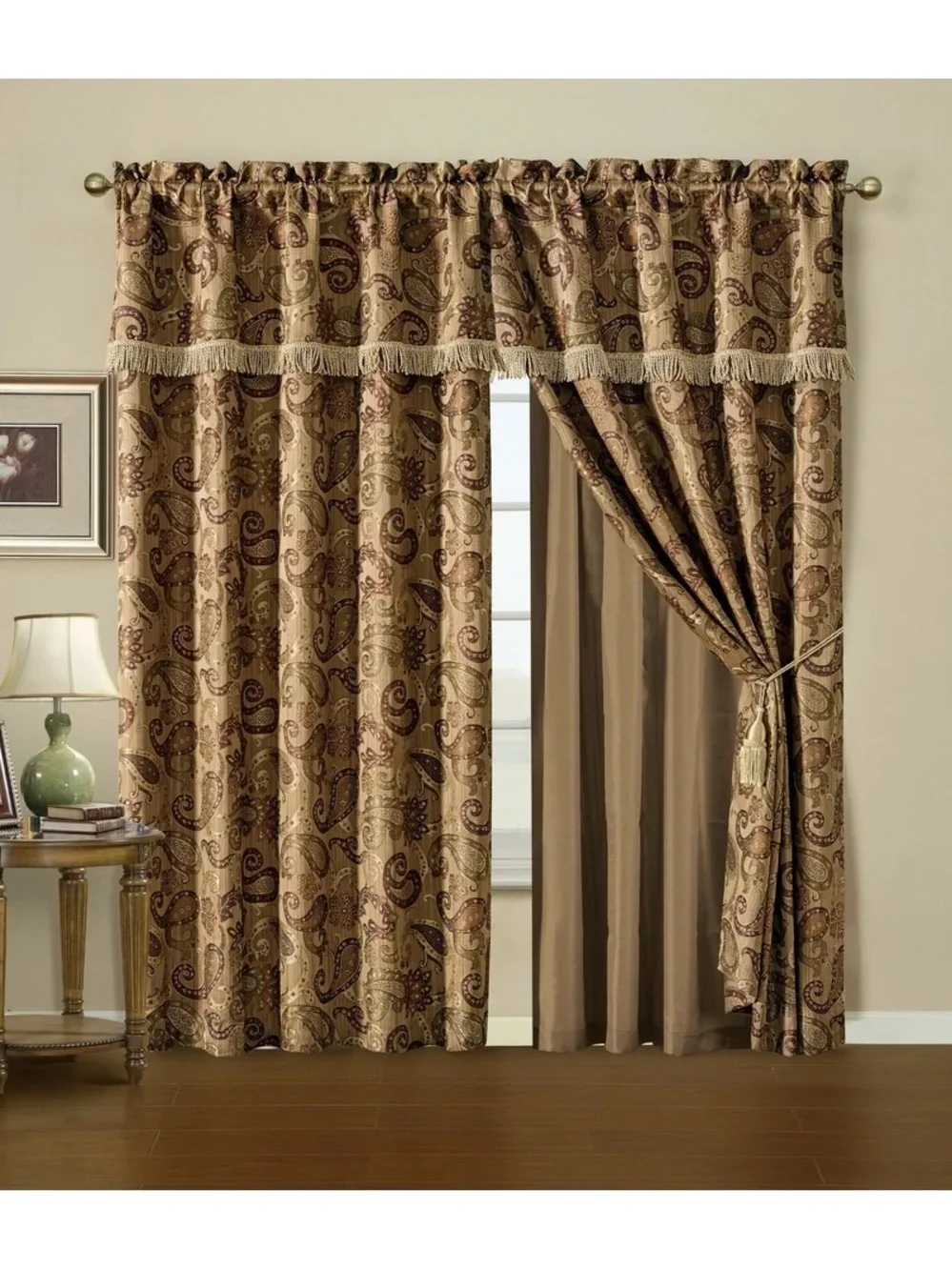 Elegant Brown Paisley Fringe Curtain Set 54x84in